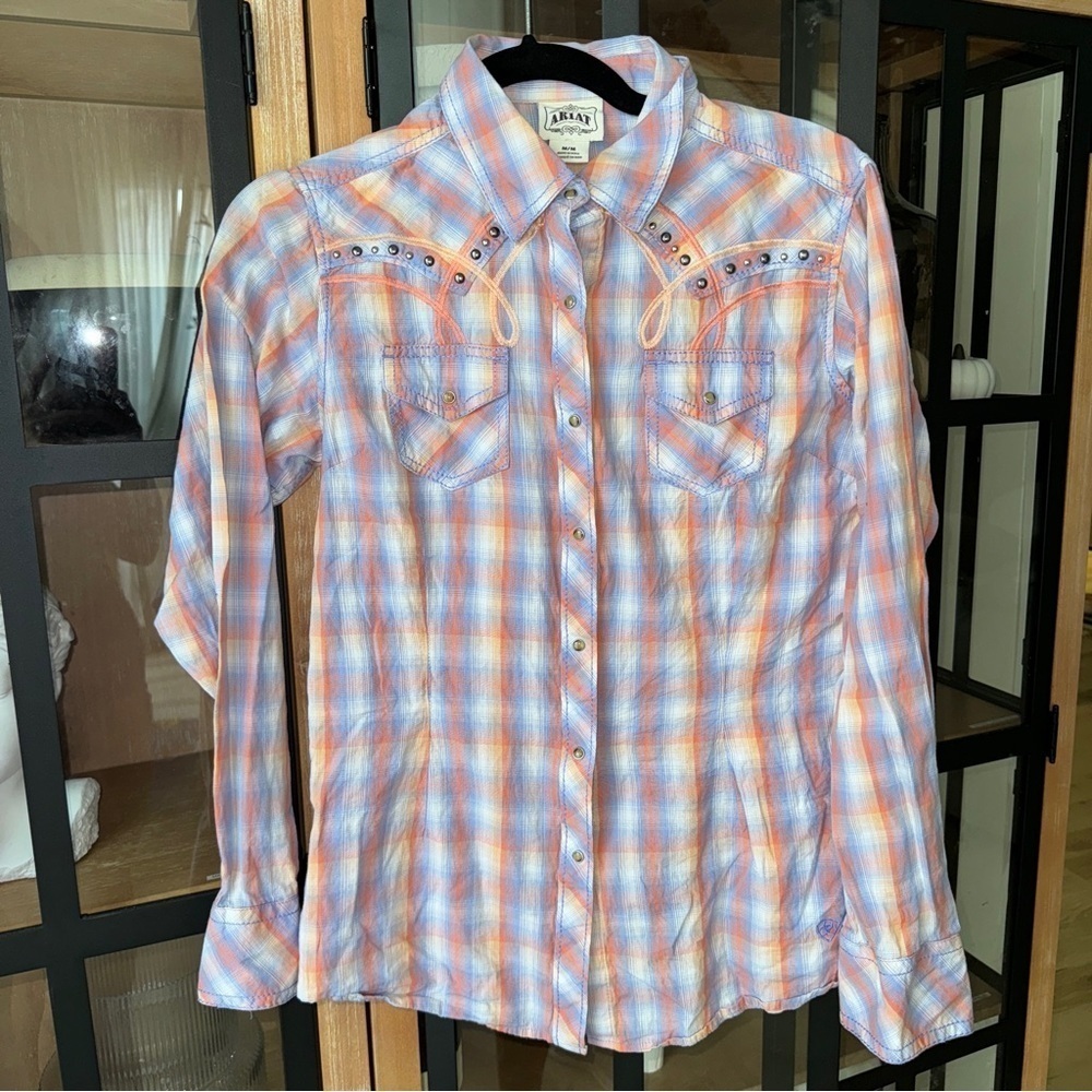 Ariat button down shirt Pearl Snap Plaid Western Rodeo Long Sleeve embroidered